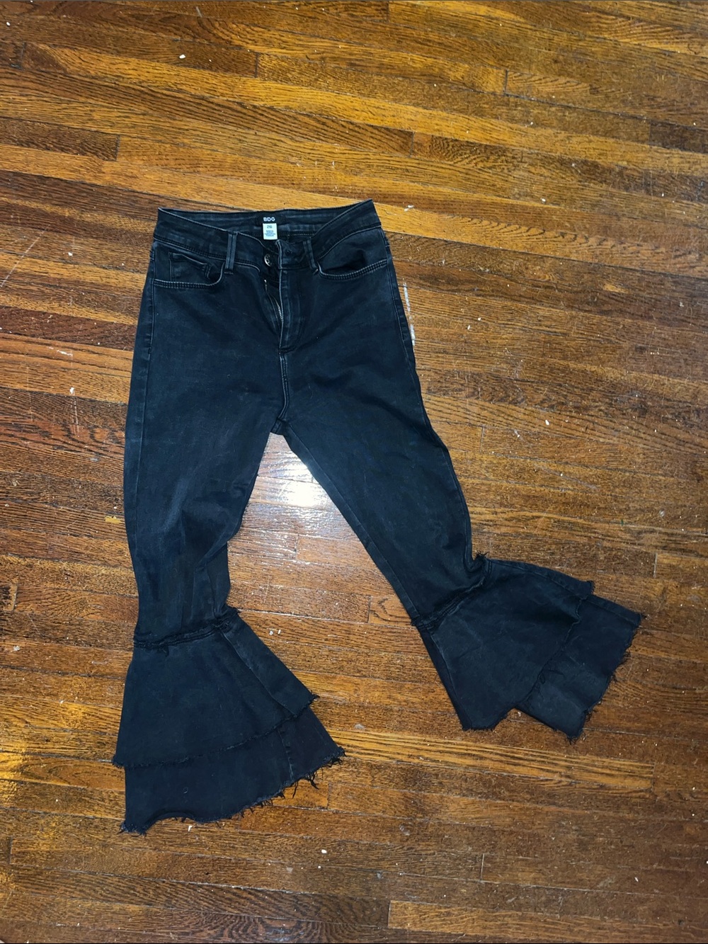 BDG Black Tiered Cropped Flare Jeans with Ruffle Hem